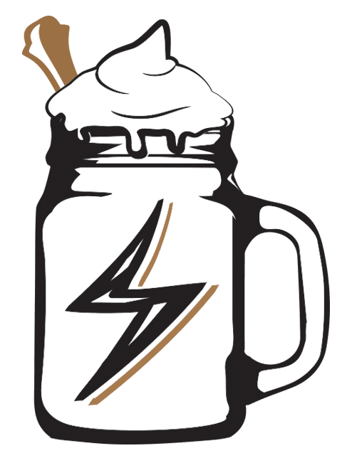 A mason jar with whipped cream and lightning bolt on it.